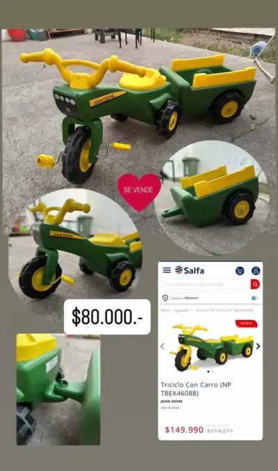 Triciclo infantil John Deere con carro - miniatura 1