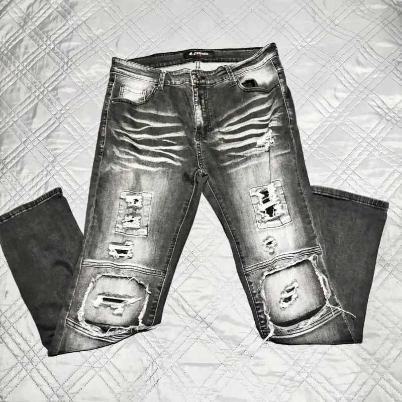 Jeans desgastados de mezclilla gris para hombre - 2