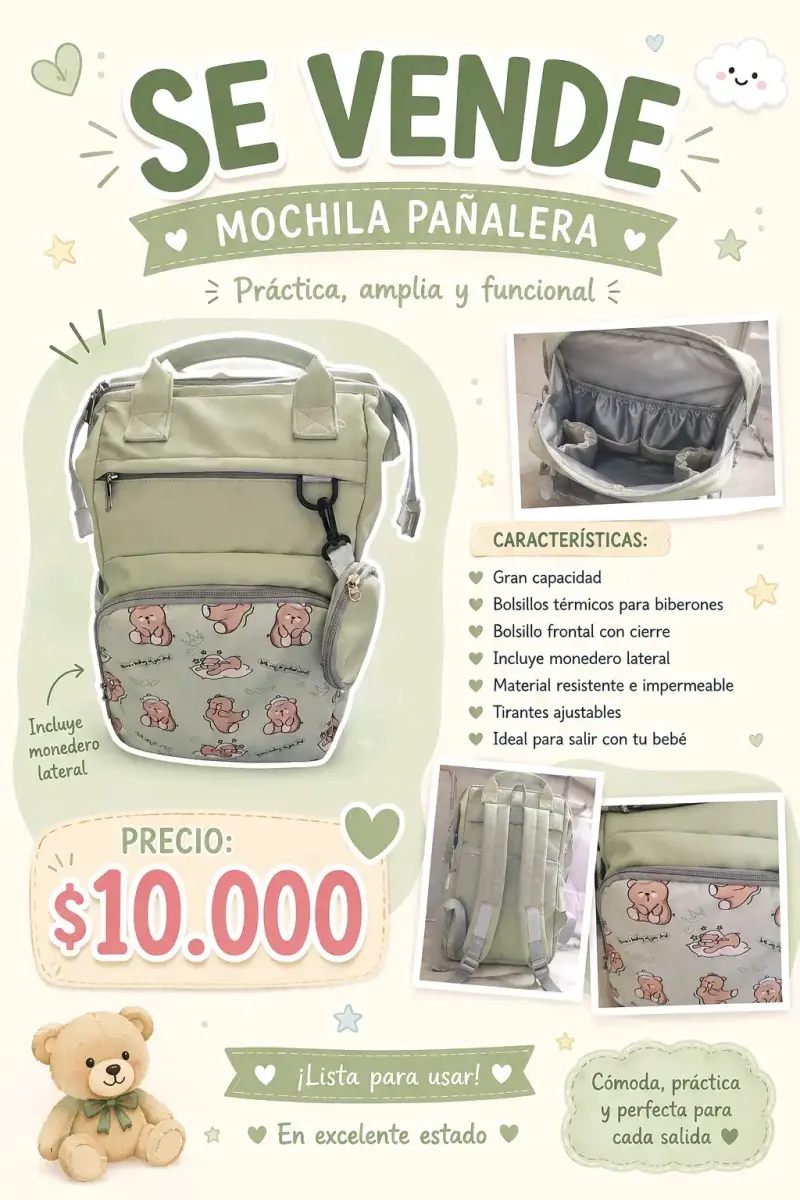 Mochila pañalera verde con monedero lateral