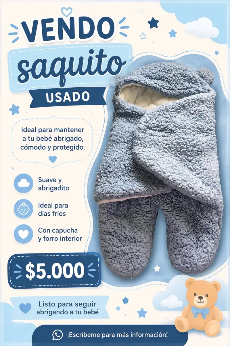 Saquito para bebé usado con capucha y forro
