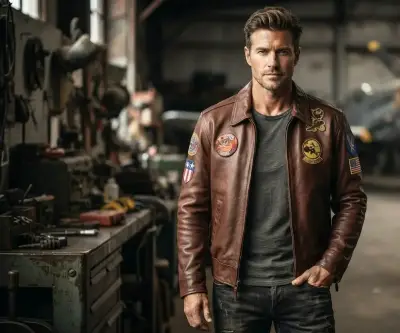 Chaqueta de cuero marrón con parches estilo aviado - miniatura 1
