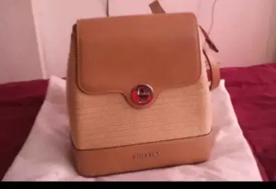 Mochila de cuero y tejido beige Pollini - miniatura 1