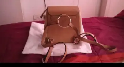 Mochila de cuero y tejido beige Pollini - miniatura 3