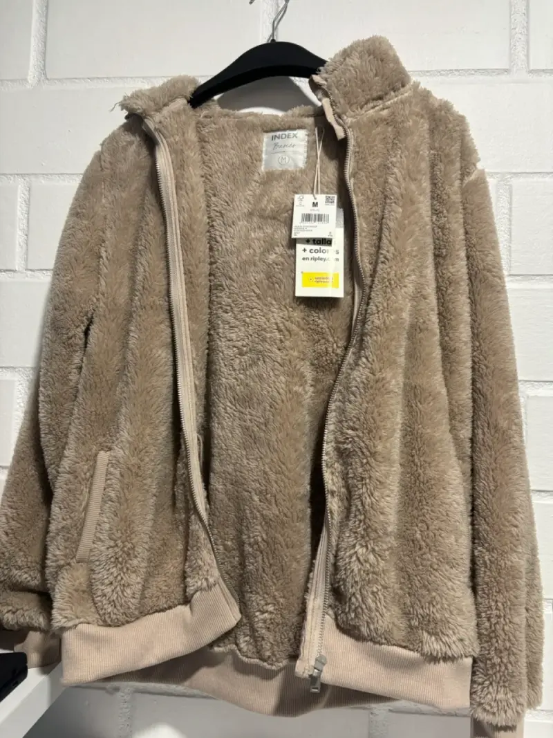 Chaqueta de felpa beige con capucha para mujer - 3