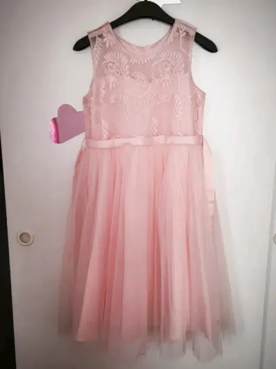 Vestido de fiesta rosa para niña con encaje - miniatura 1
