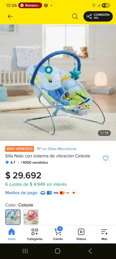 Silla nido vibradora para bebé celeste - miniatura 2