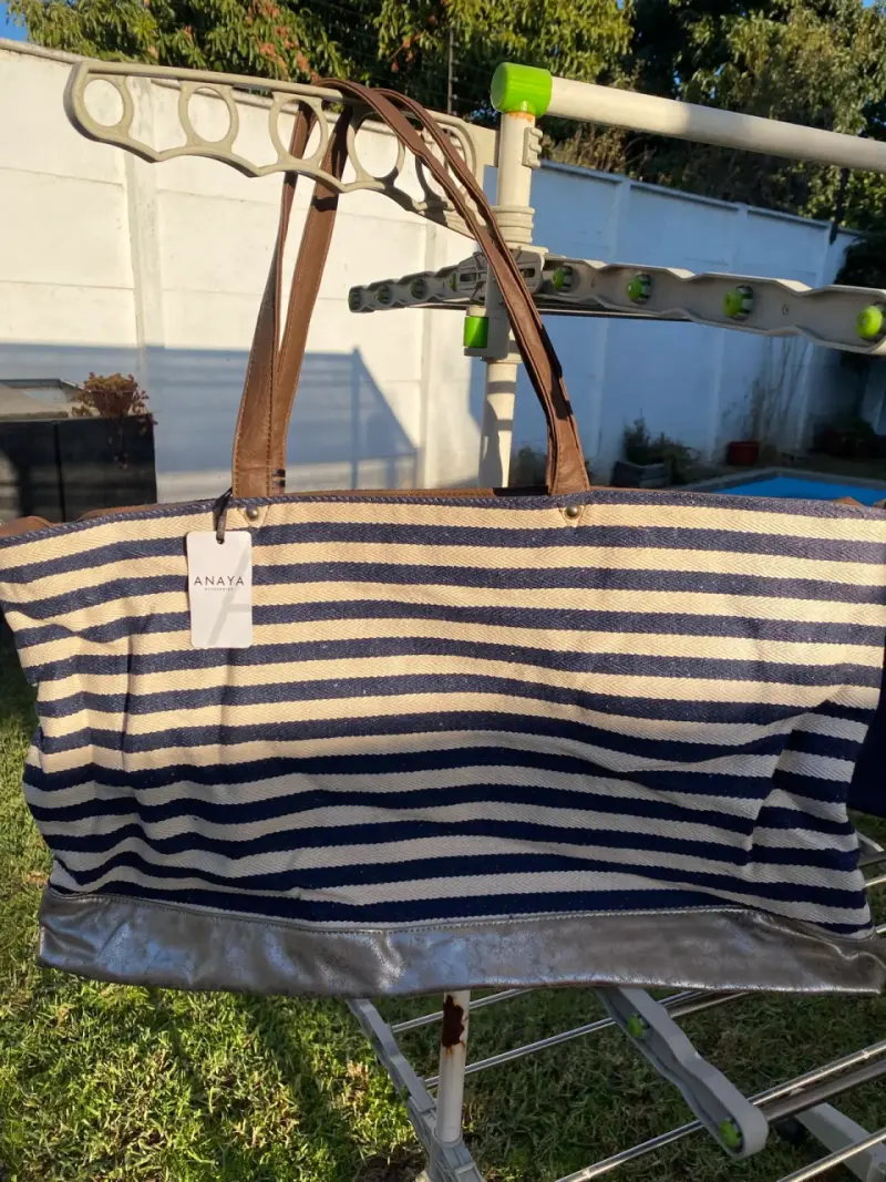 Bolso de playa rayado Anaya con asas de cuero