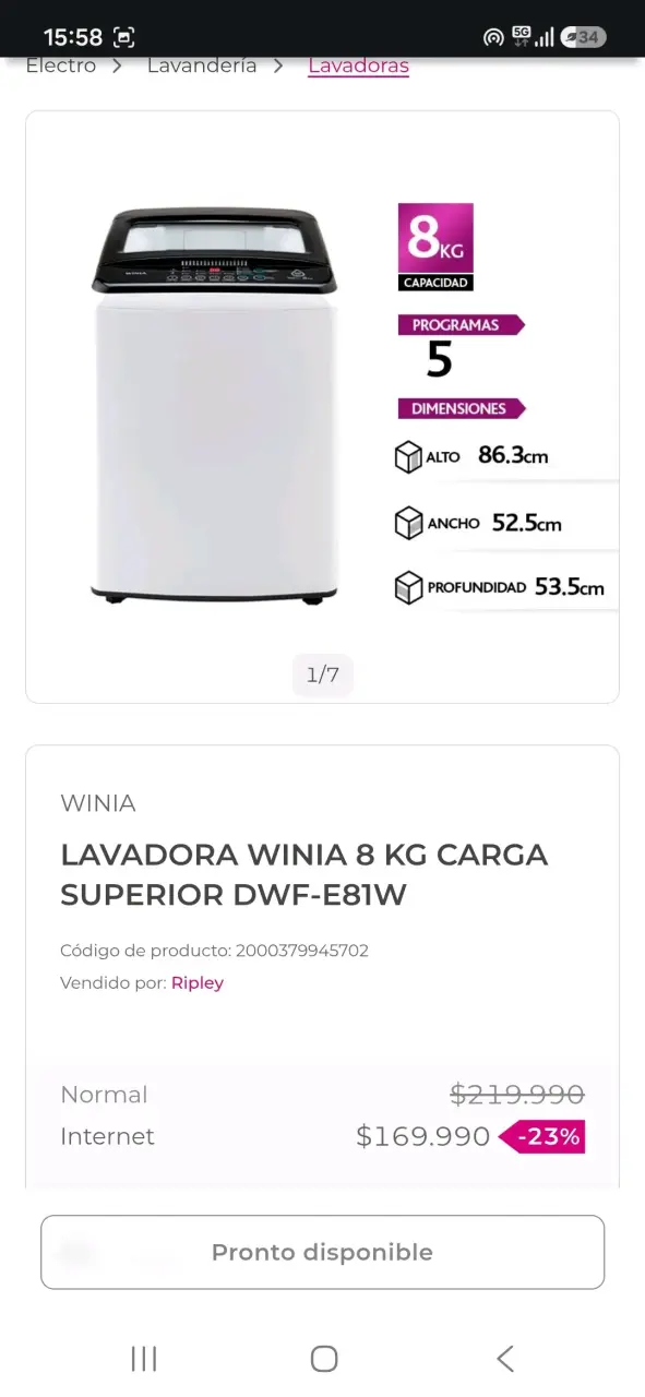 Lavadora Winia 8 kg carga superior DWF-E81W