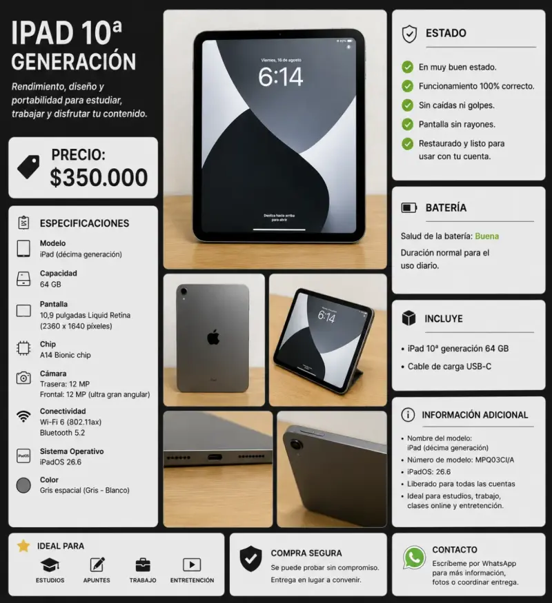 iPad 10ª Generación 64GB Gris Espacial
