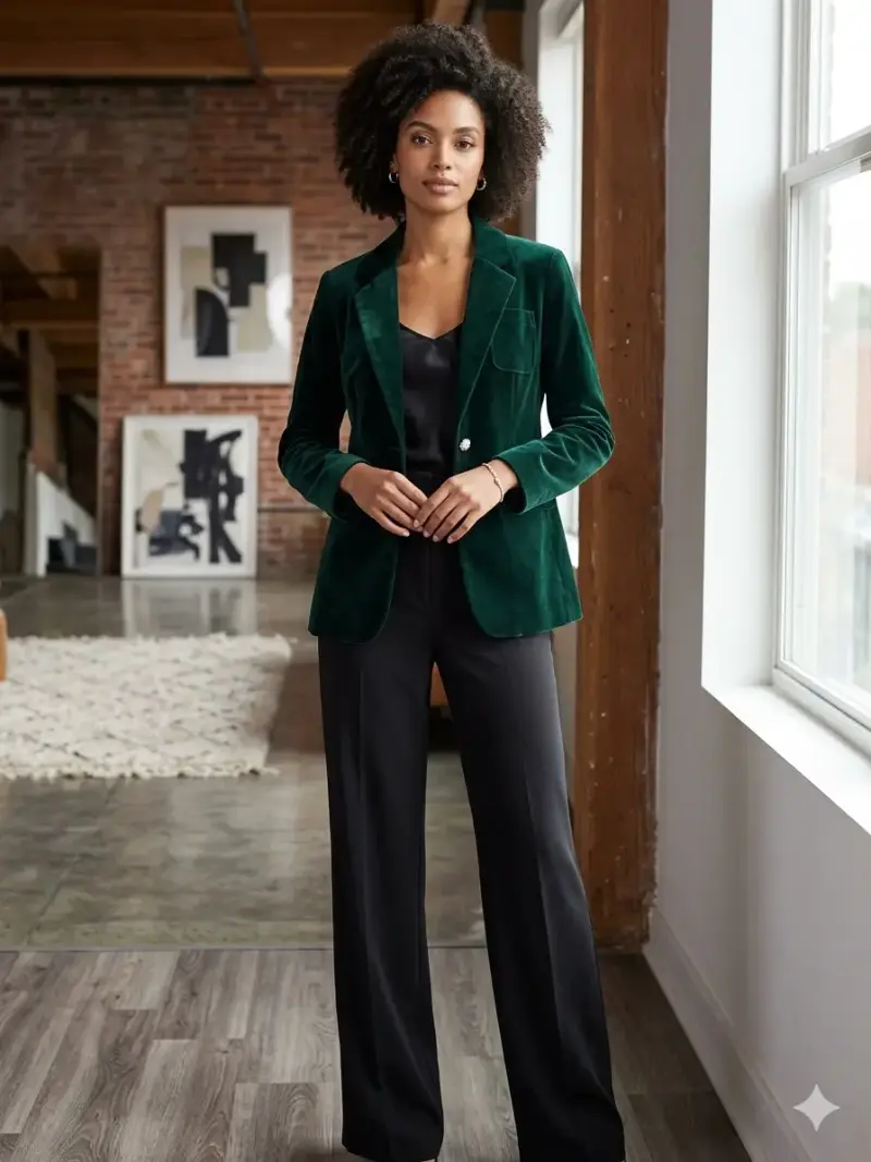 Blazer de terciopelo verde oscuro para mujer XL - 2