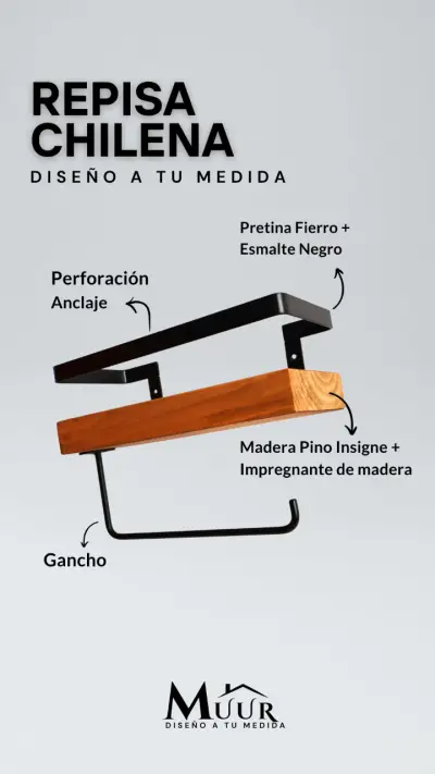 Repisa chilena de madera y fierro con gancho - miniatura 1