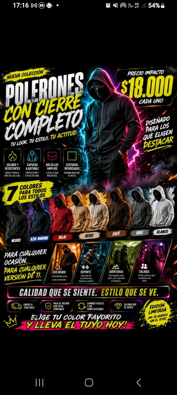 Polerones con cierre completo en varios colores