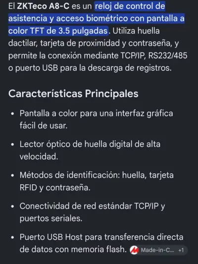Terminal biométrico ZKTeco A8-C para control de acceso - miniatura 5
