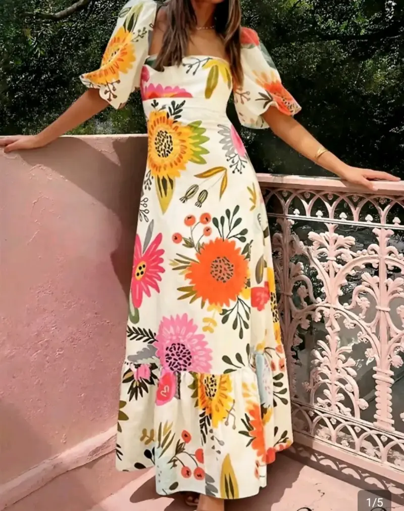 Vestido largo floral con mangas abullonadas