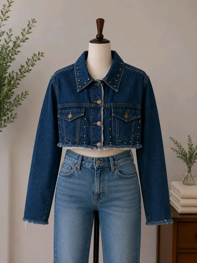 Chaqueta de mezclilla corta con tachas para mujer