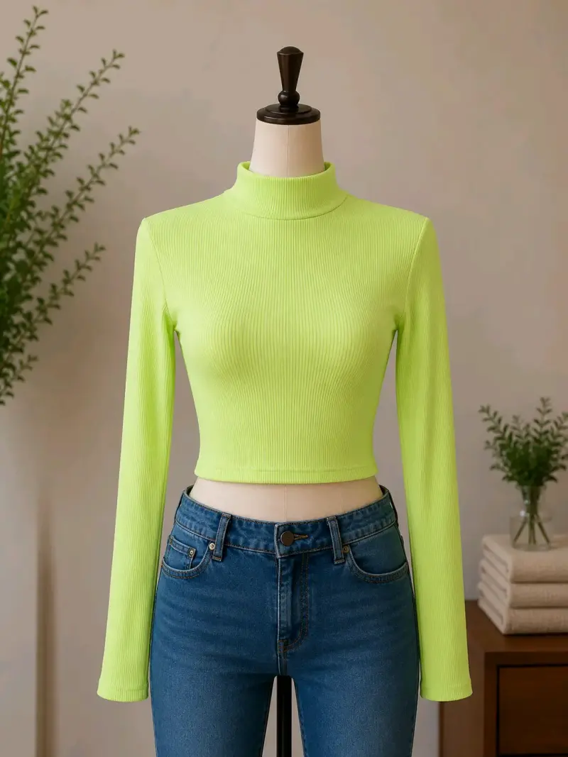 Polera Crop Top Verde Neón de Cuello Alto