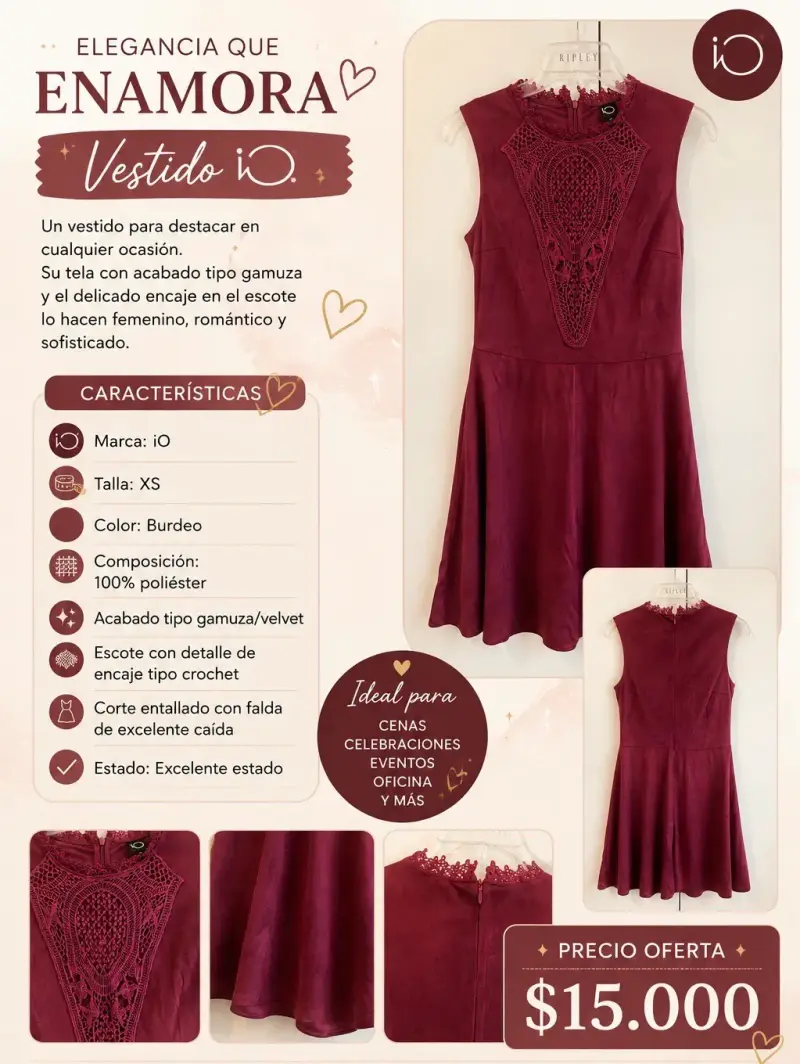 Vestido burdeo con encaje iO