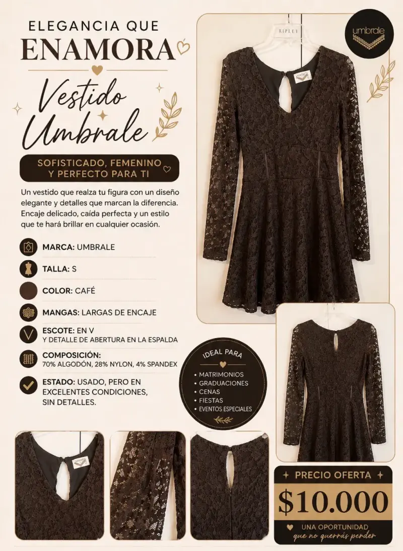 Vestido Umbrale de encaje café talla S