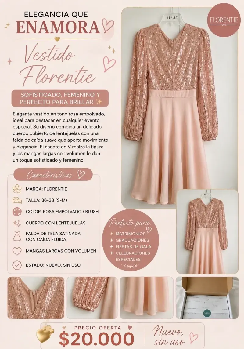 Vestido Florentie Rosa Empolvado con Lentejuelas