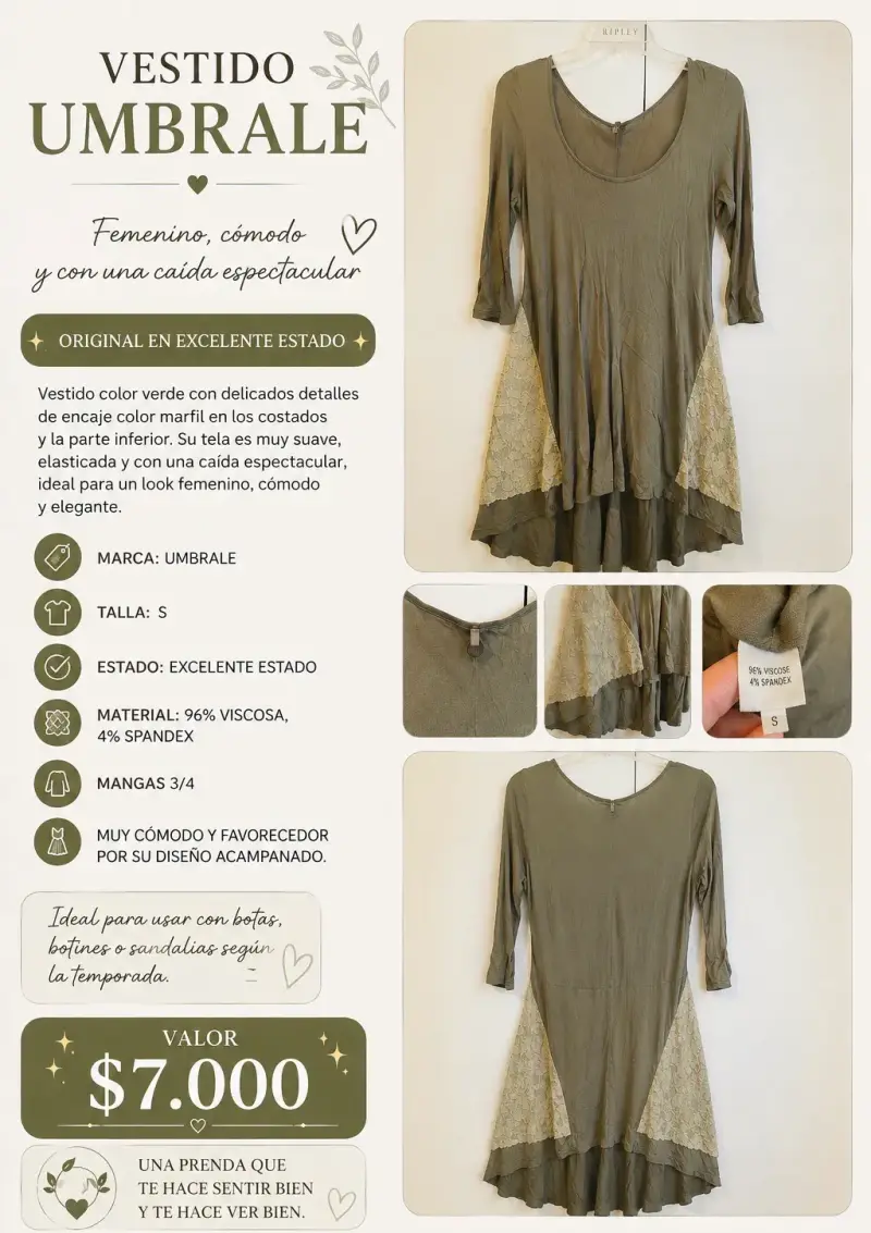 Vestido Umbrale verde con encaje y mangas 3/4