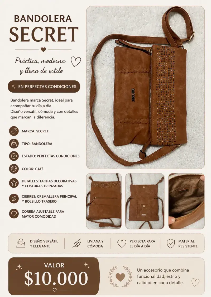 Bandolera Secret café con tachas decorativas