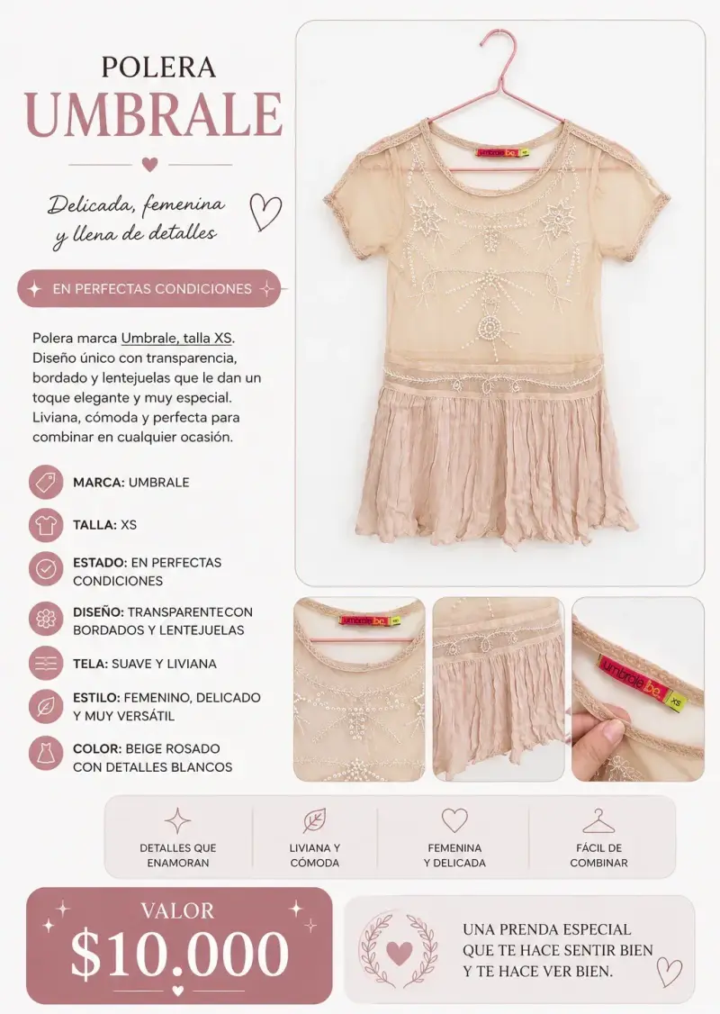 Polera Umbrale XS con bordados y lentejuelas