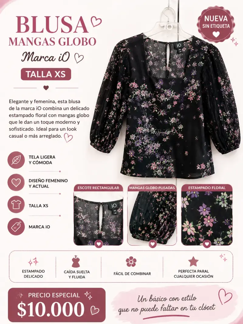 Blusa Mangas Globo Floral Marca iO Talla XS