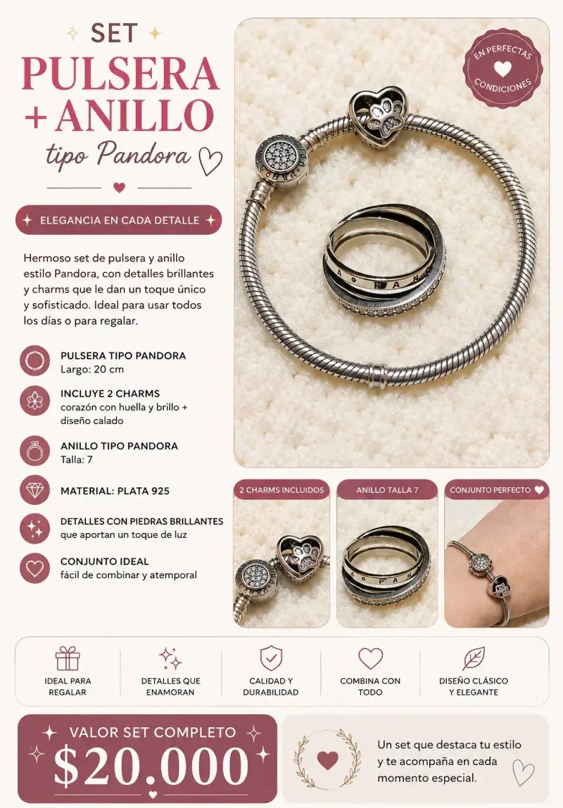 Set de Pulsera y Anillo Estilo Pandora con Charms