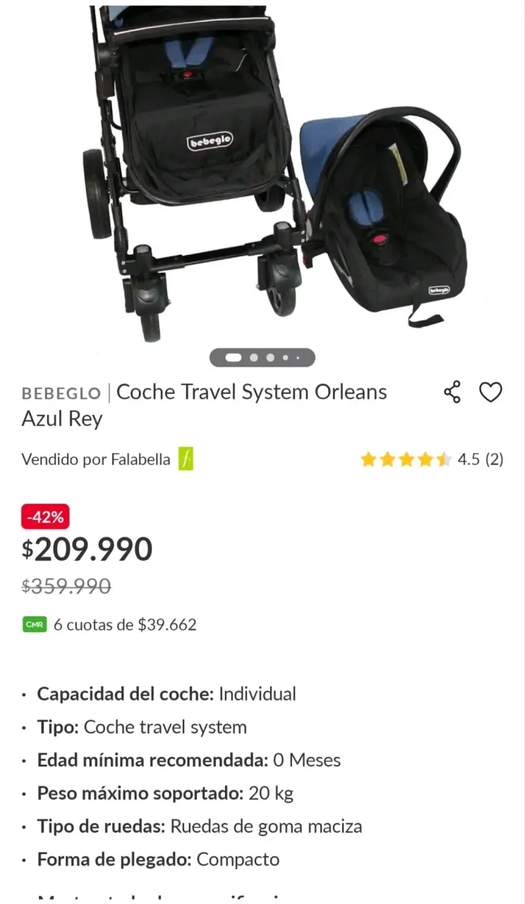 Coche de bebé Bebeglo azul con silla de auto - 5