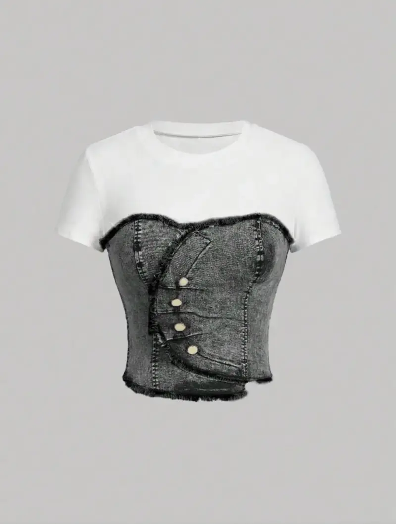 Polera con corsé de mezclilla y botones decorativos - 1