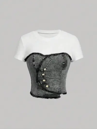 Polera con corsé de mezclilla y botones decorativos - miniatura 1