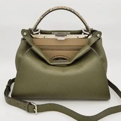 Bolso de cuero verde Fendi con asa y correa - miniatura 3