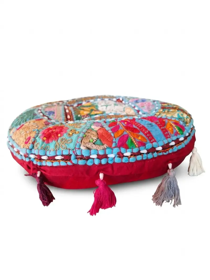 Cojín redondo bordado con borlas multicolor