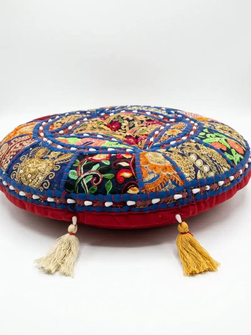 Cojín redondo bordado con borlas multicolor - 3