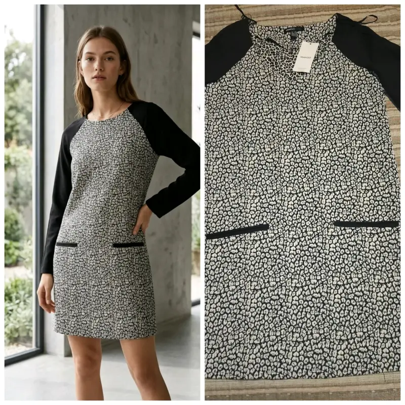 Vestido casual blanco y negro con mangas largas
