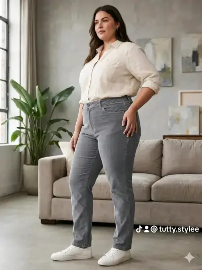 Pantalones cotelé grises para mujer talla gra - miniatura 1