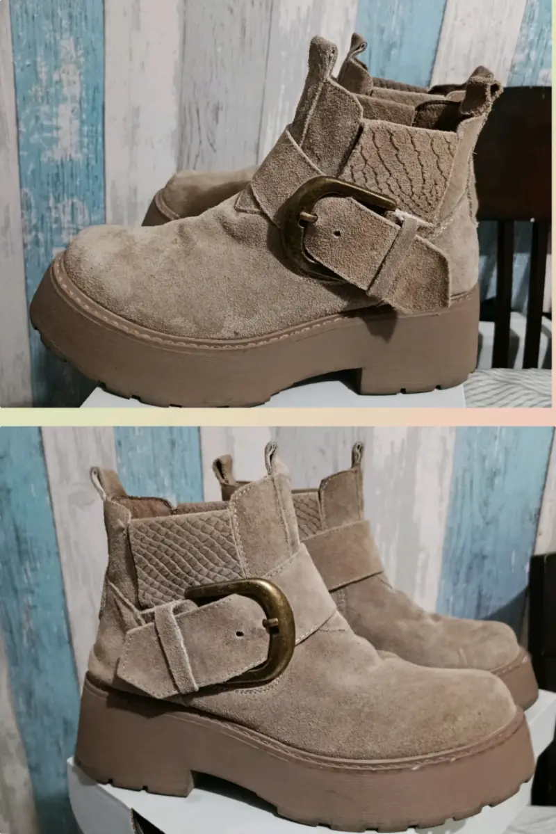 Botines de gamuza beige con hebilla de cuero - 2