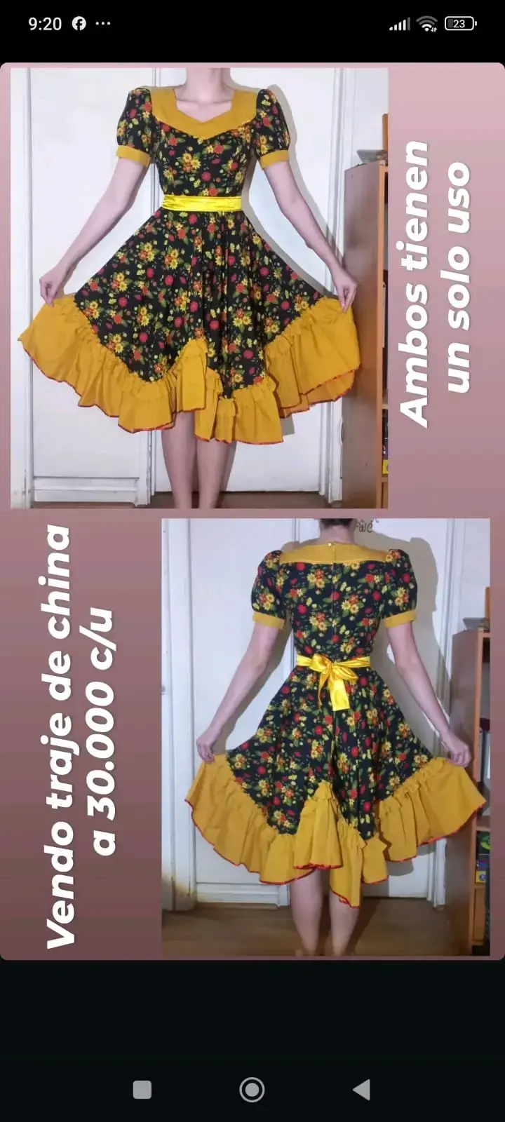 Vestido tradicional floral con volantes amarillos