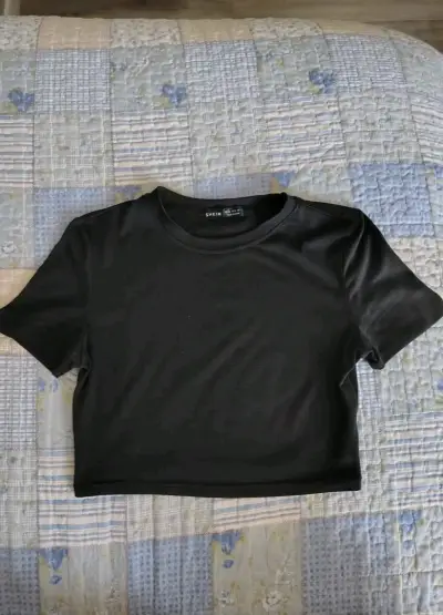 Polera corta de algodón en beige y negro talla XS - miniatura 2
