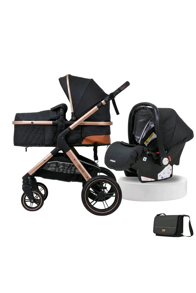 Coche de bebé 3 en 1 negro con detalles dorados - 1