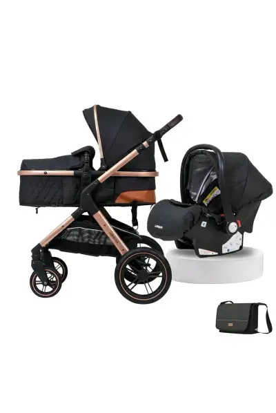 Coche de bebé 3 en 1 negro con detalles dorados - miniatura 1