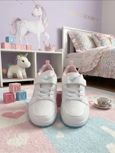 Zapatillas blancas para niñas Puma con detalles rosados - miniatura 1