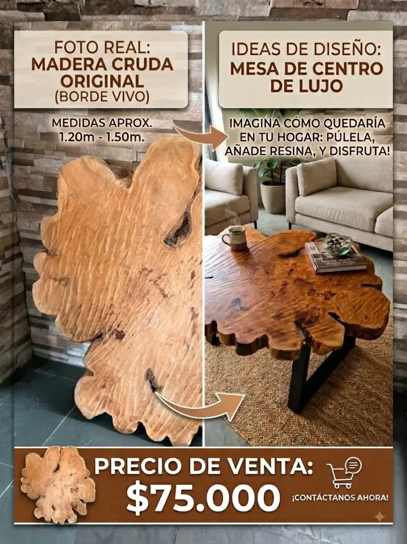 Mesa de centro de madera cruda con borde vivo - 2
