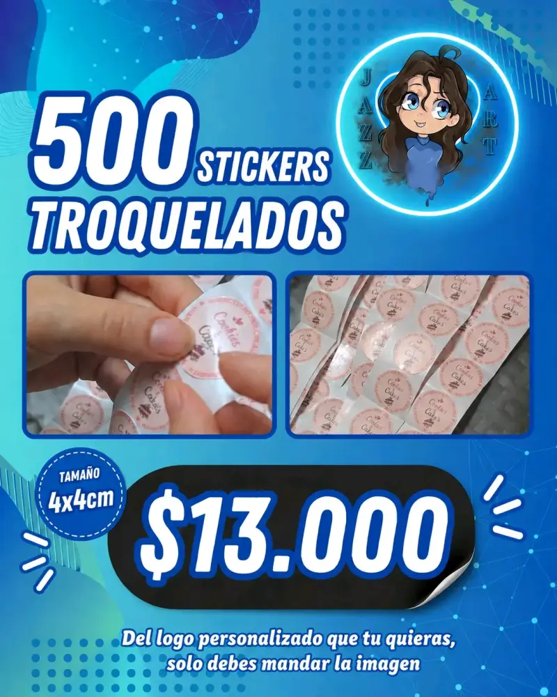 500 stickers troquelados personalizados 4x4 cm