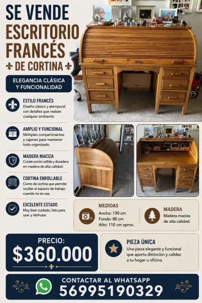 Escritorio Francés de Cortina en Madera Maciza - miniatura 1