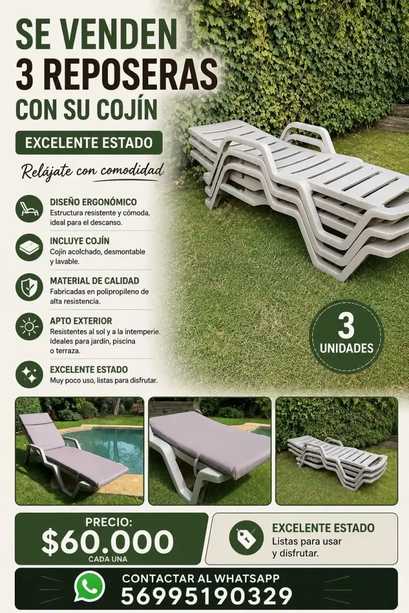 Reposeras de jardín con cojín en excelente estado - 1
