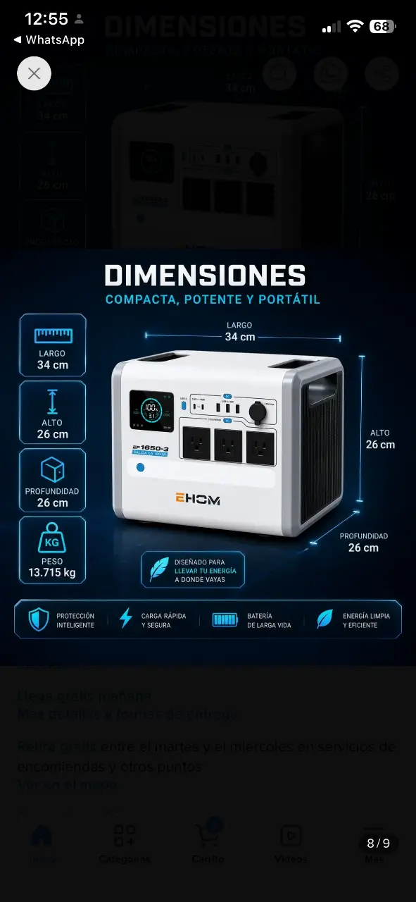 Estación de energía portátil Ehom 1024Wh 1650W - 3