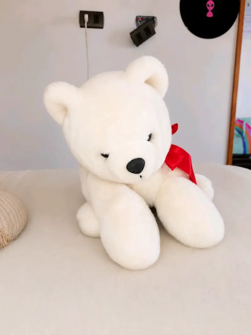 Oso de peluche blanco con lazo rojo - 2