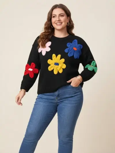 Suéter negro con flores de colores para mujer - miniatura 1