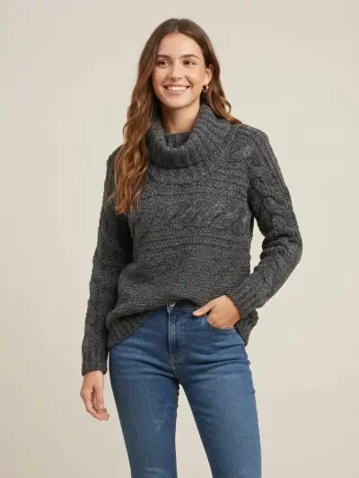 Suéter de lana gris con cuello alto para mujer - miniatura 1